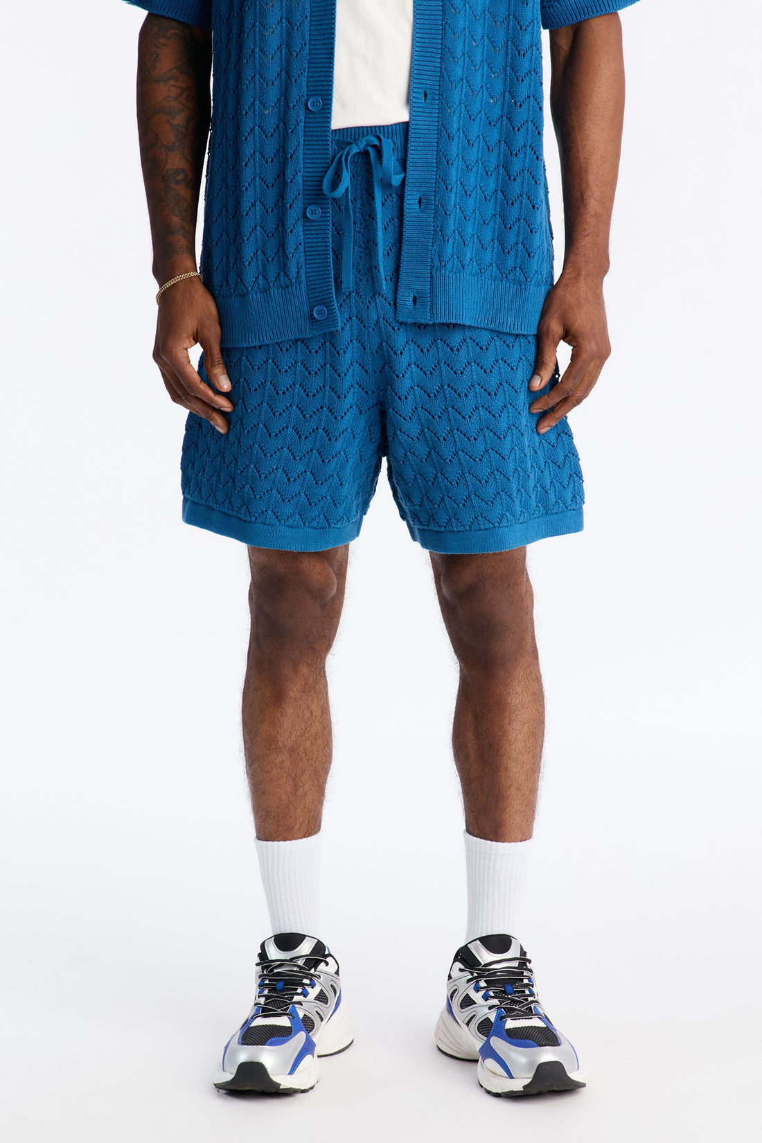 Waterfall Texture Open Knit Shorts - Slate Blue