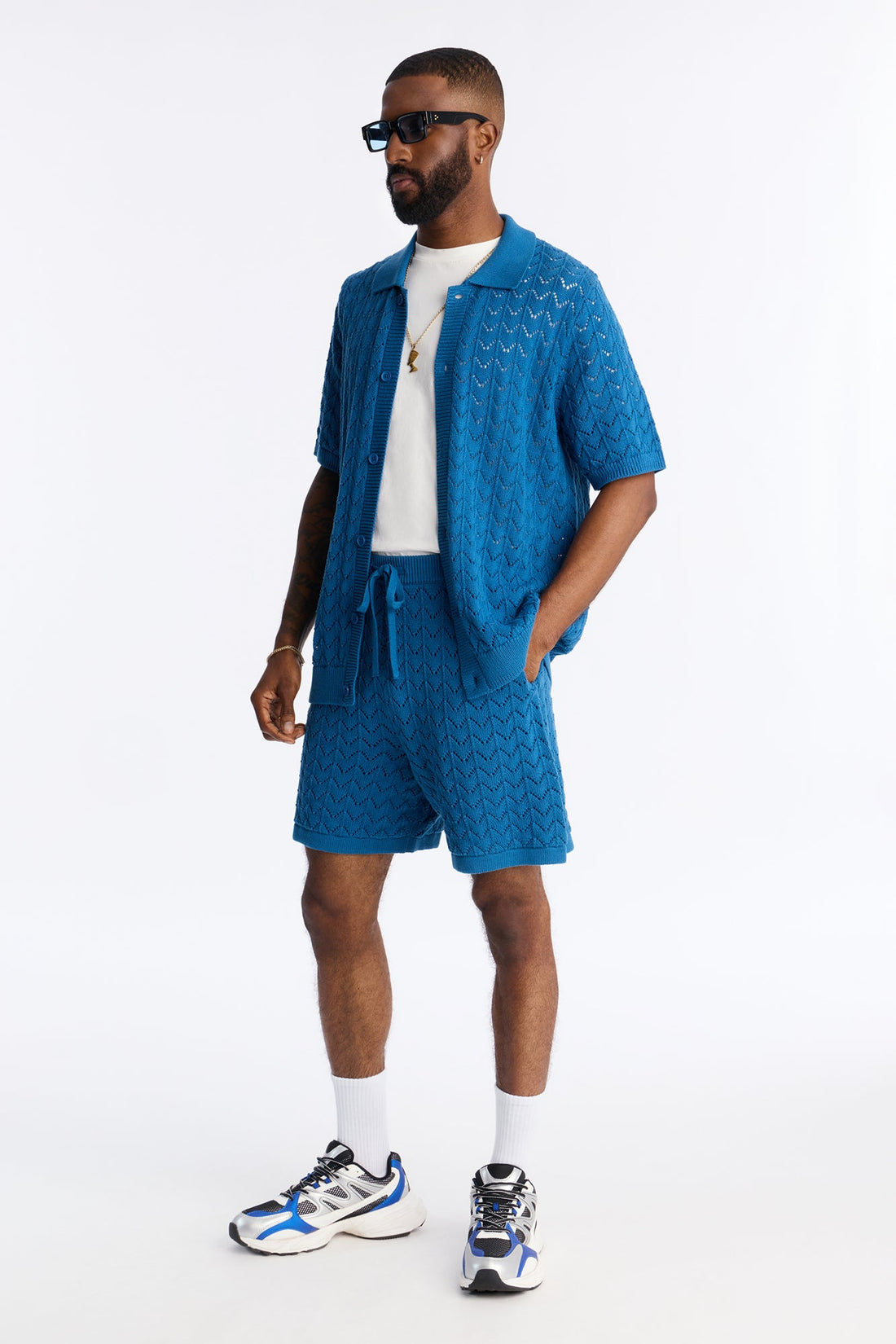 Waterfall Texture Open Knit Shorts - Slate Blue