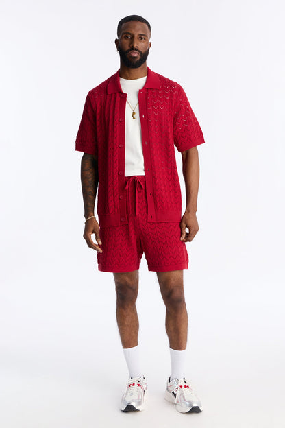 Waterfall Texture Open Knit Shirt - Burgundy