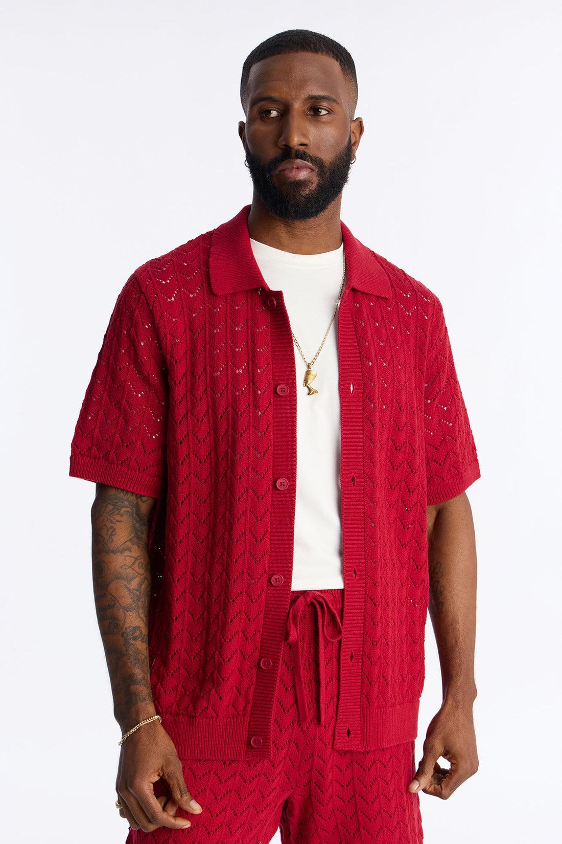 Waterfall Texture Open Knit Shirt - Burgundy