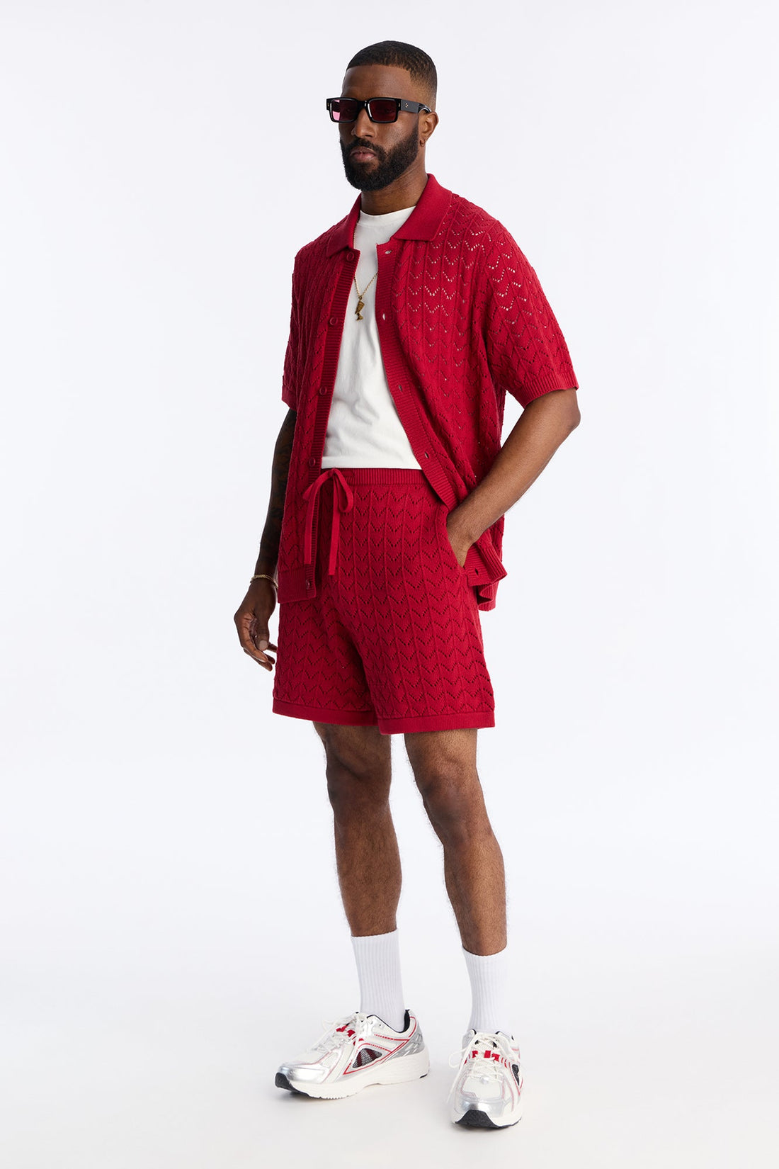 Waterfall Texture Open Knit Shorts - Burgundy