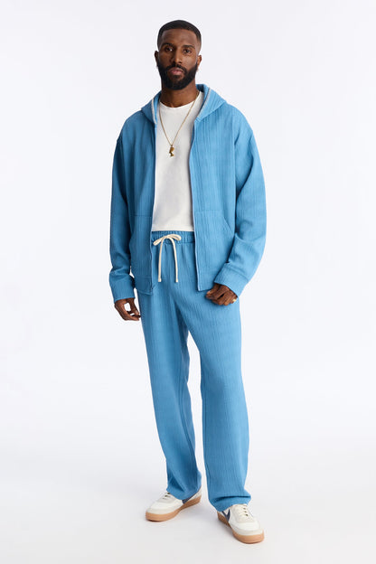 Cable Knit Textured Stitched Hooded Jacket - Blue