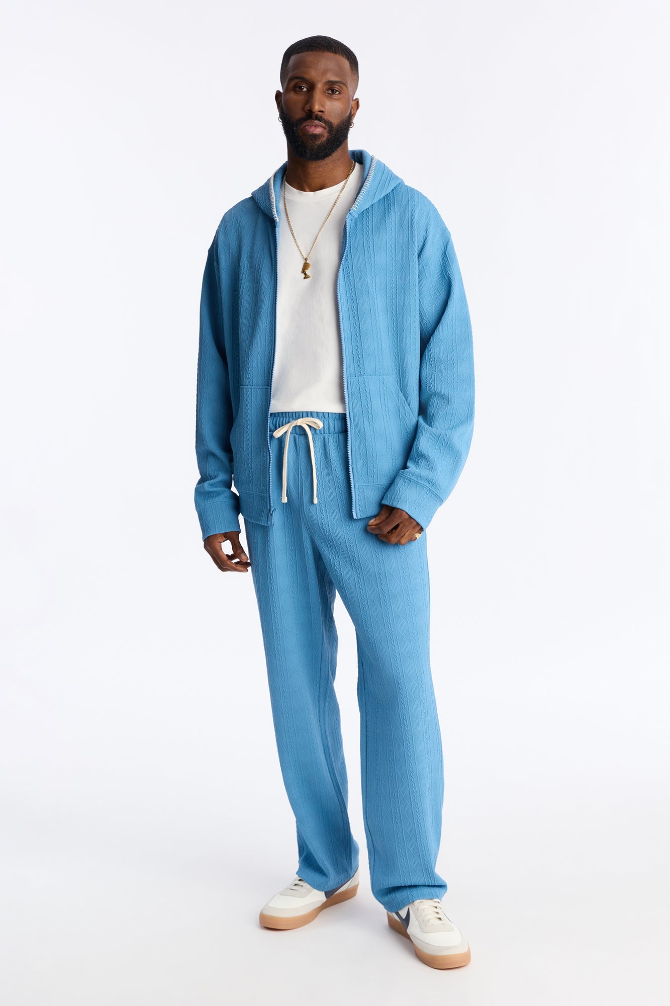 Cable Knit Textured Stitched Hooded Jacket - Blue