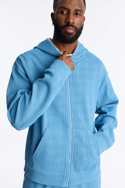 Cable Knit Textured Stitched Hooded Jacket - Blue
