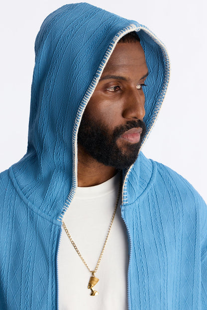 Cable Knit Textured Stitched Hooded Jacket - Blue