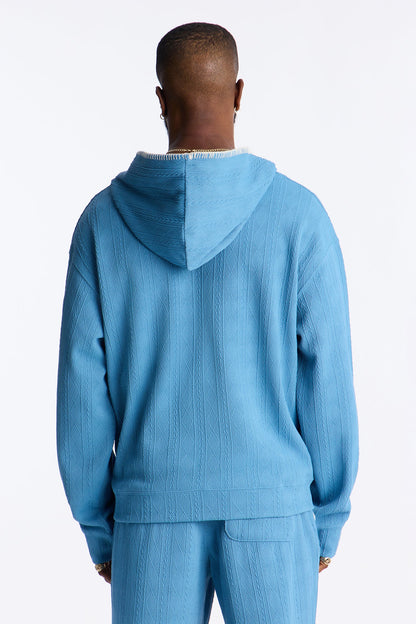 Cable Knit Textured Stitched Hooded Jacket - Blue
