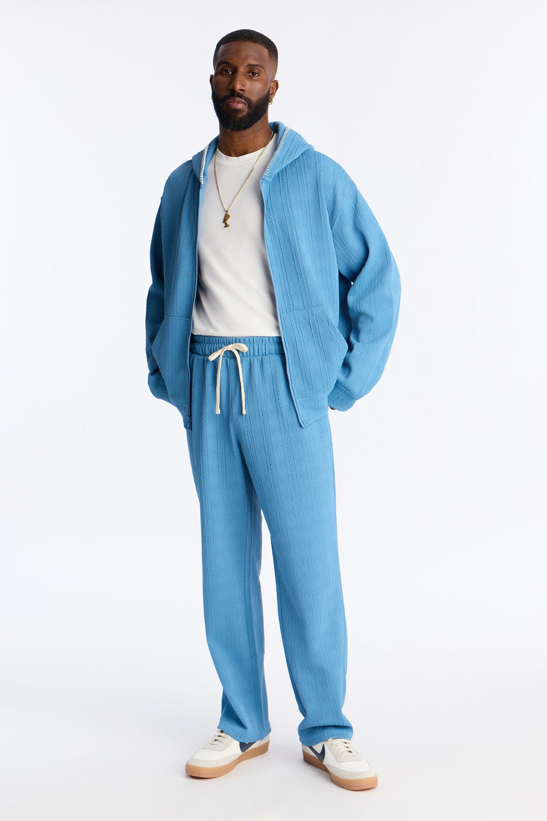 Straight Cable Knit Textured Stitched Pant - Blue