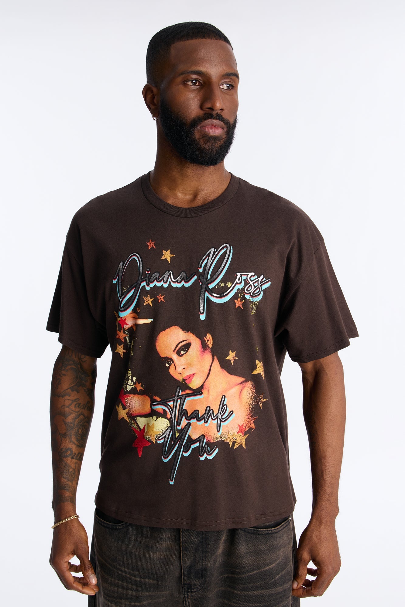 Diana Ross Foil Print Boxy Short Sleeve Tee - Brown