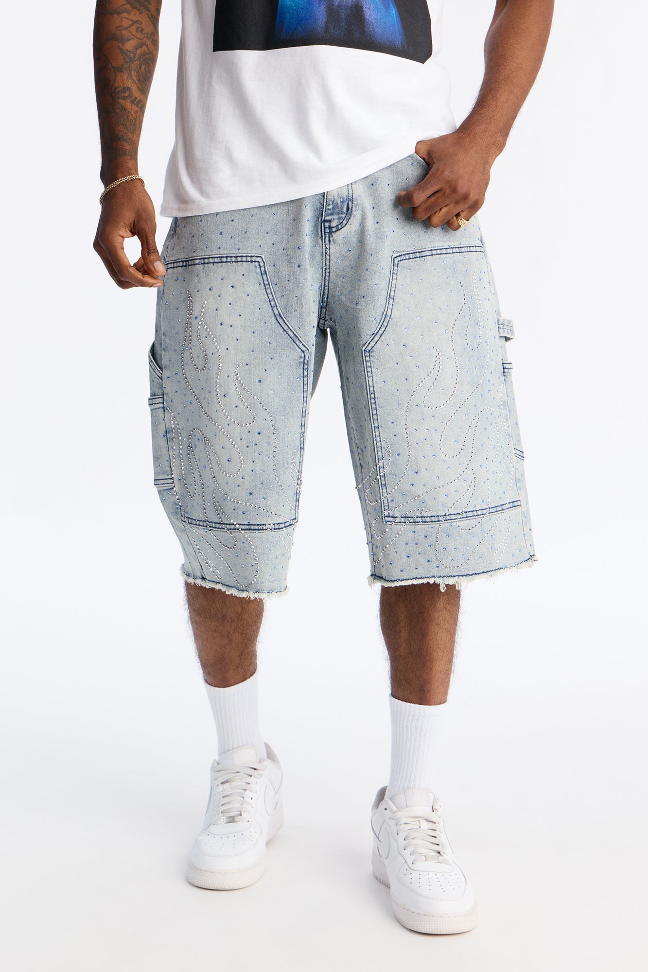 Baggy Flamed Jewel Carpenter Denim Short - Light Wash
