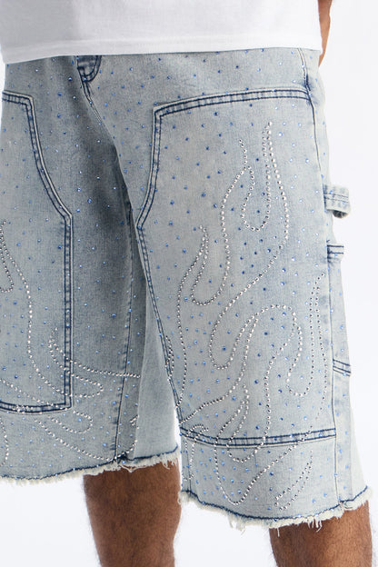 Baggy Flamed Jewel Carpenter Denim Short - Light Wash
