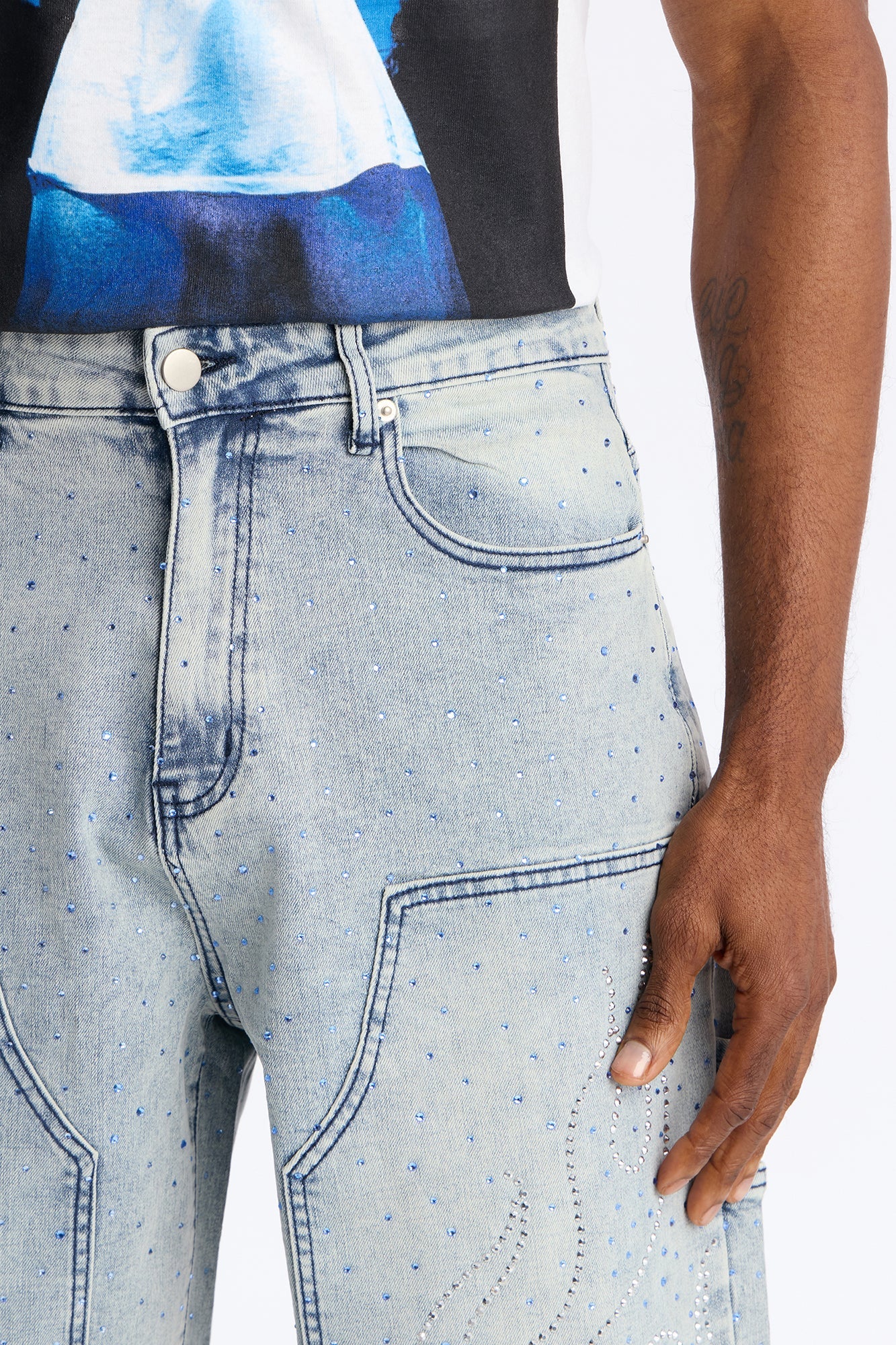 Baggy Flamed Jewel Carpenter Denim Short - Light Wash