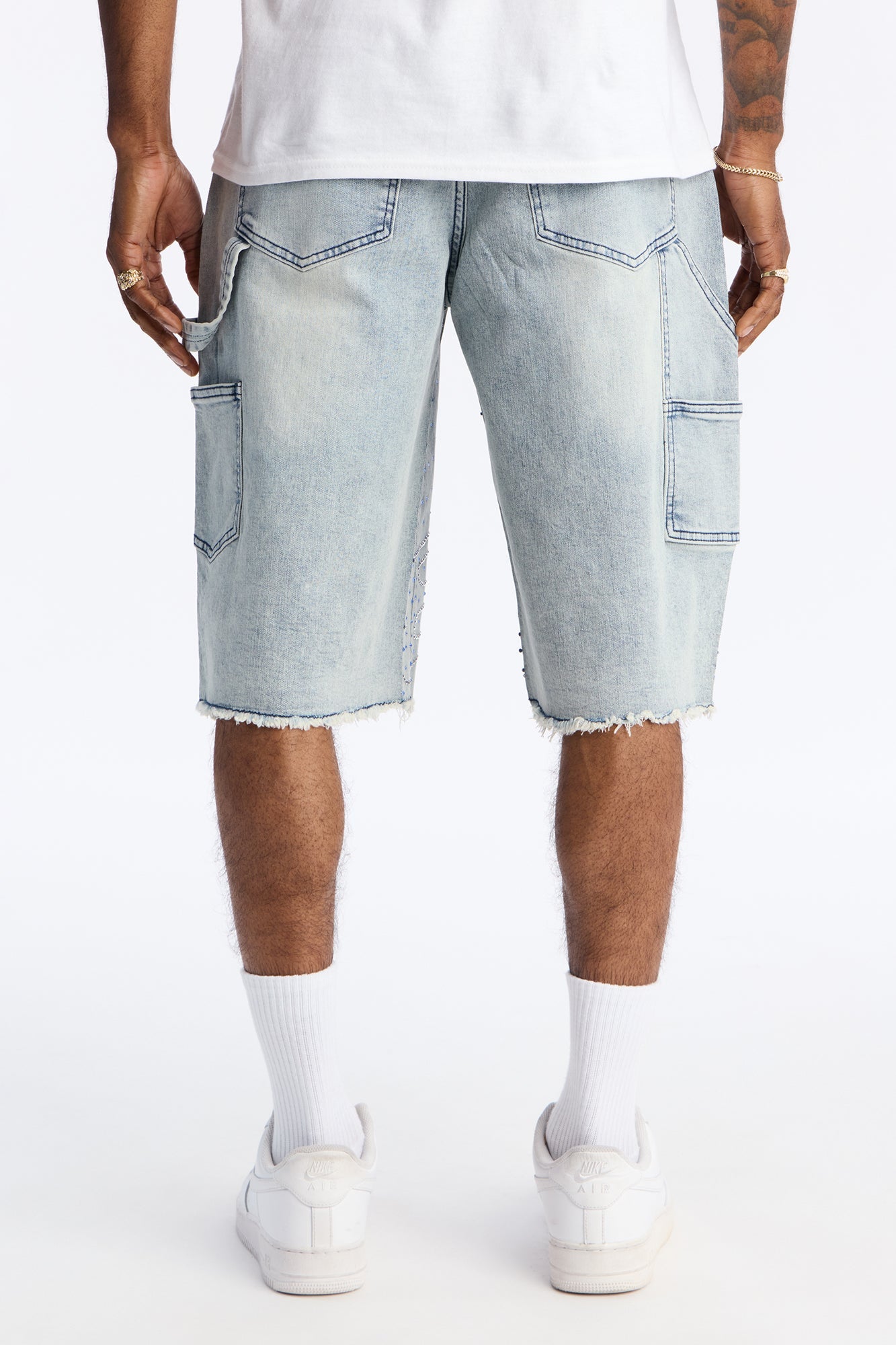 Baggy Flamed Jewel Carpenter Denim Short - Light Wash