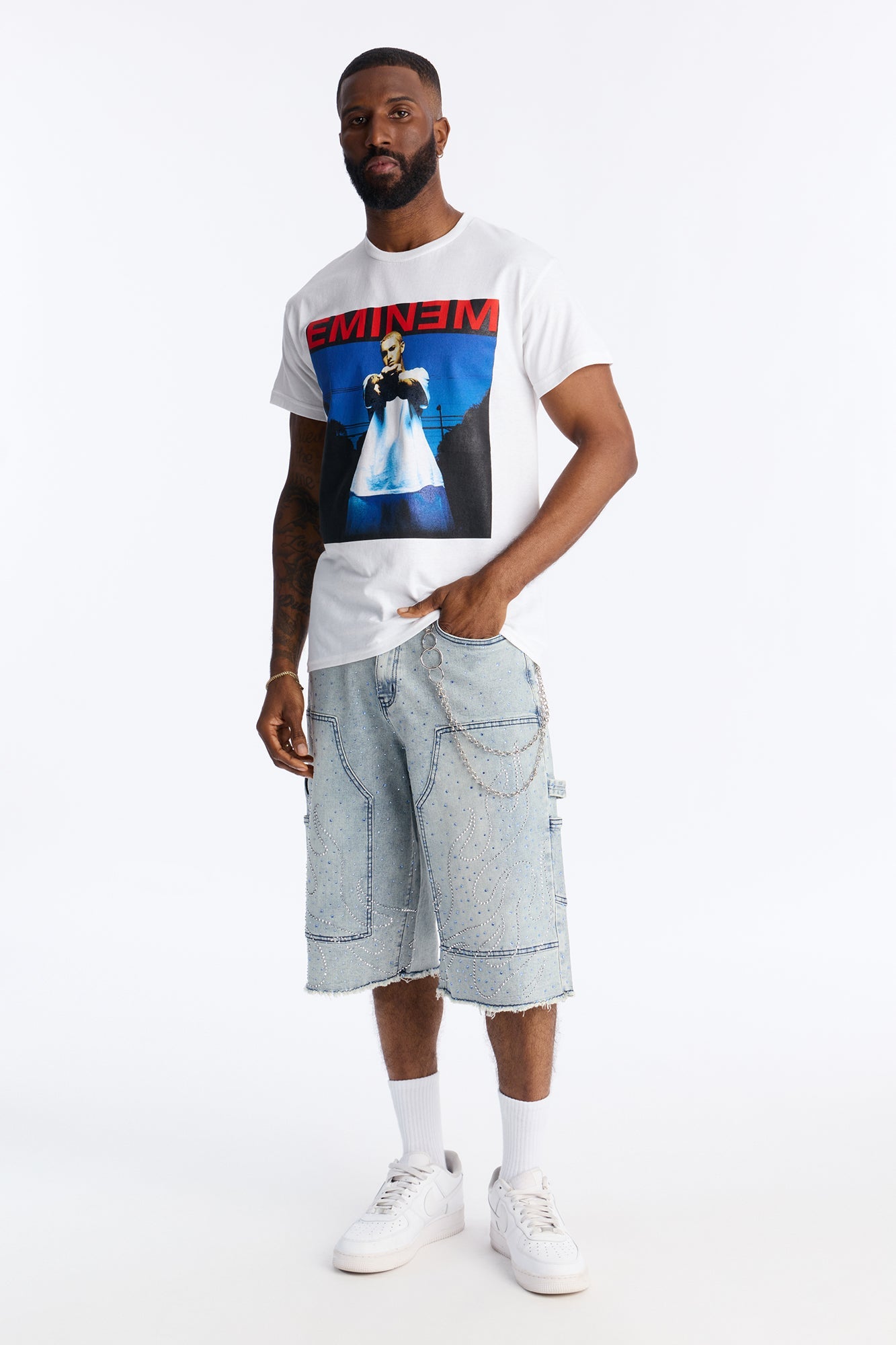 Baggy Flamed Jewel Carpenter Denim Short - Light Wash