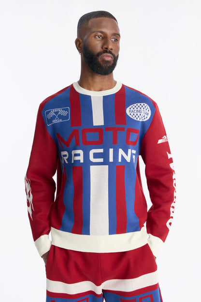 Retro Moto Stripe Sweater Shirt - Red