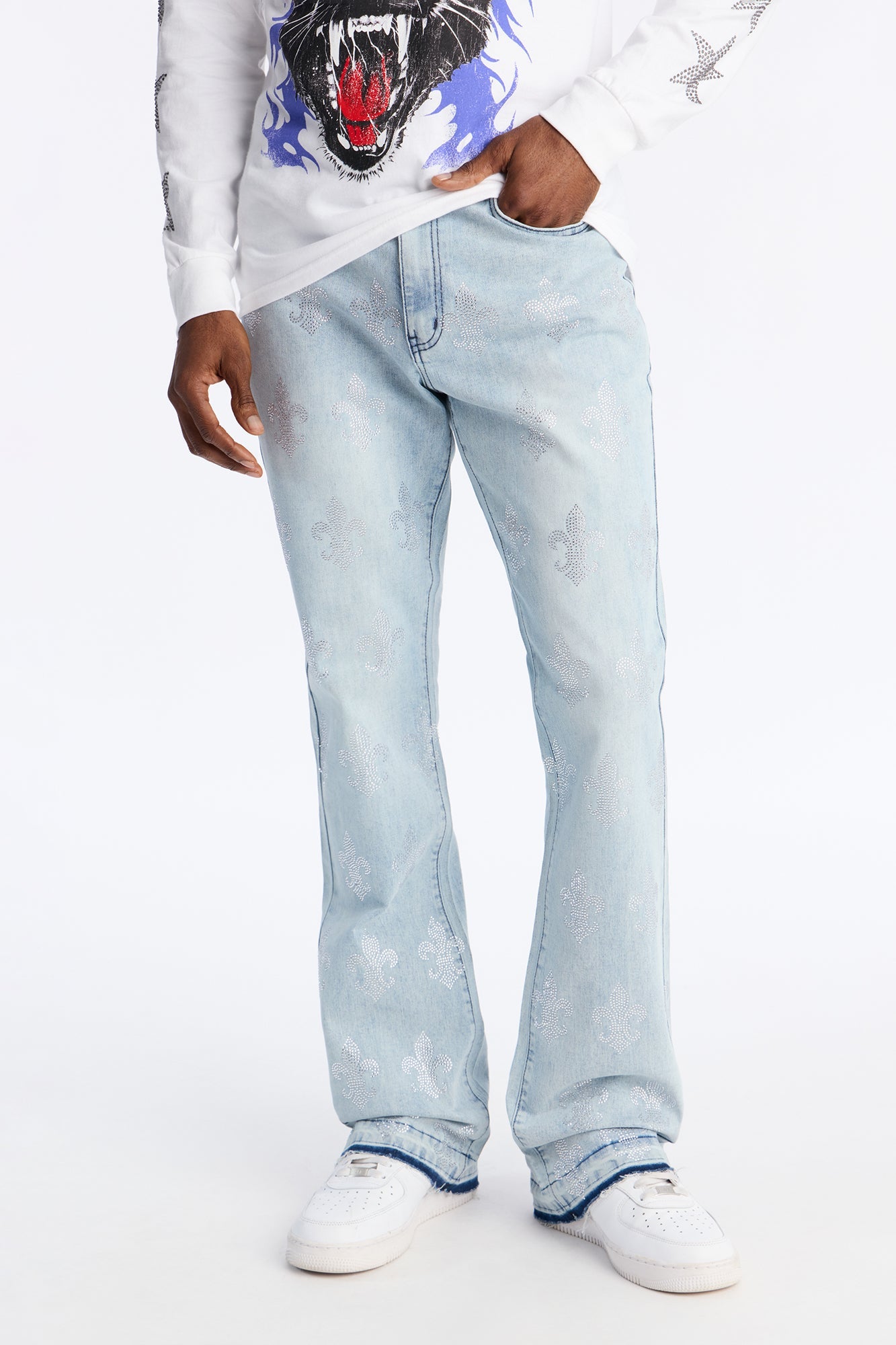 Stacked Skinny Flare Street Monarch Jeweled Jean - Light Wash