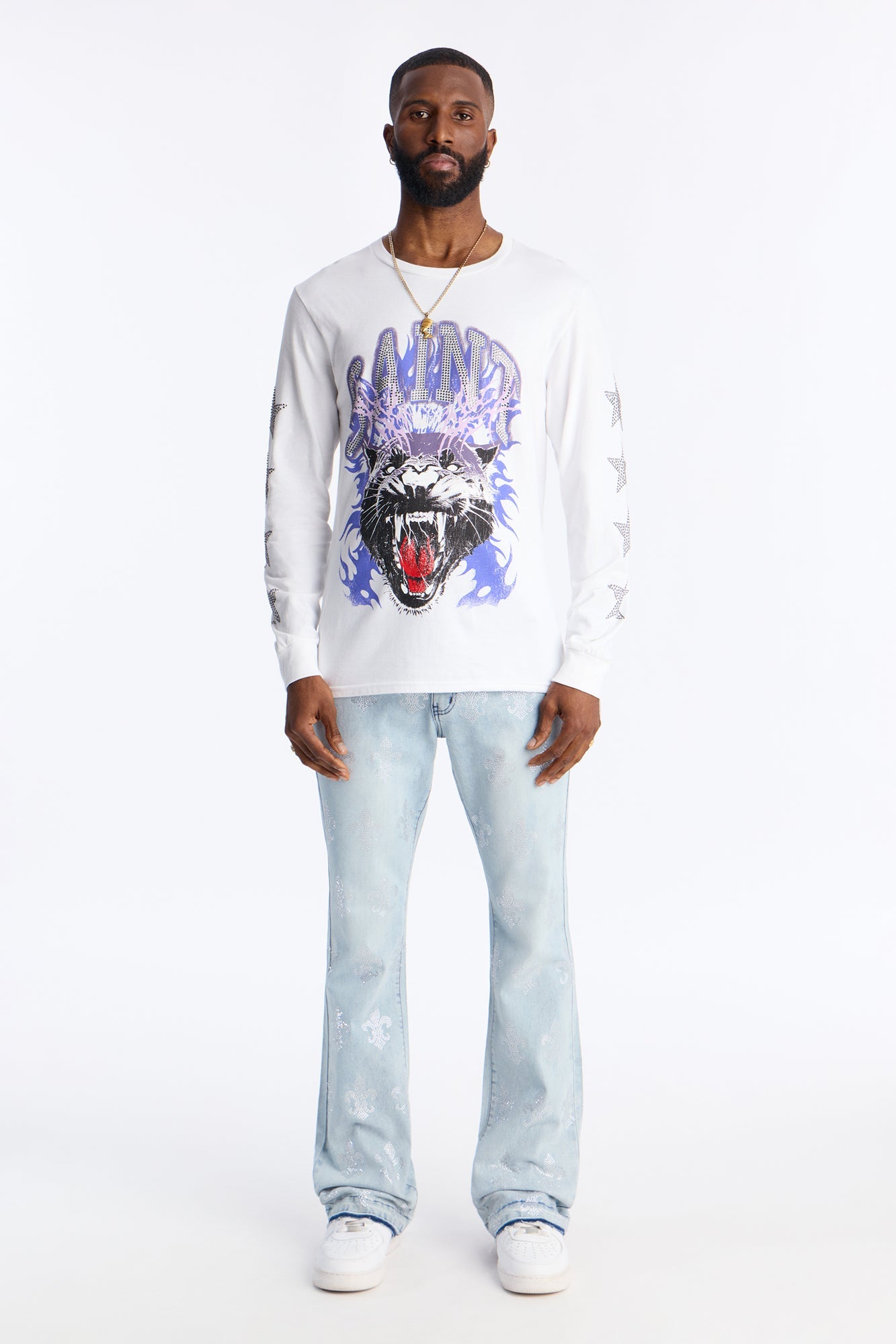 Stacked Skinny Flare Street Monarch Jeweled Jean - Light Wash
