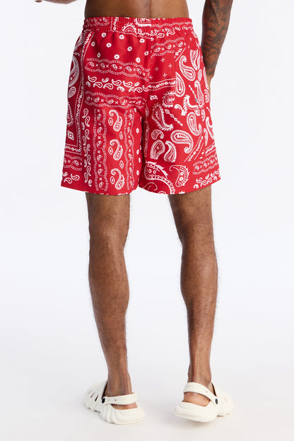 Wild Paisley Printed Swim Trunk 7″ - Red