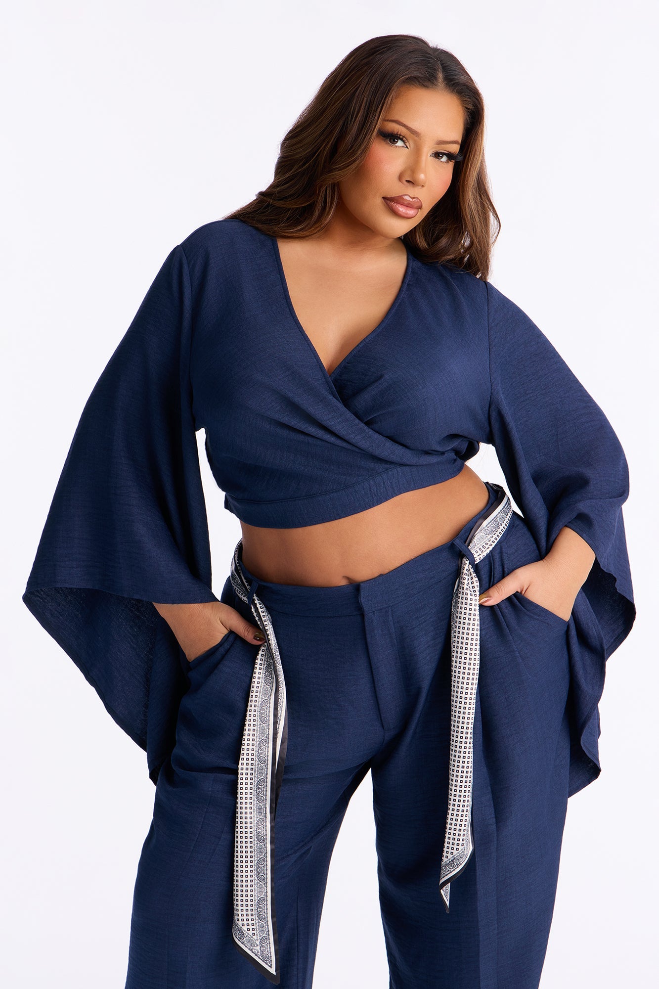 Nara Scarf Belt Pant set - Navy
