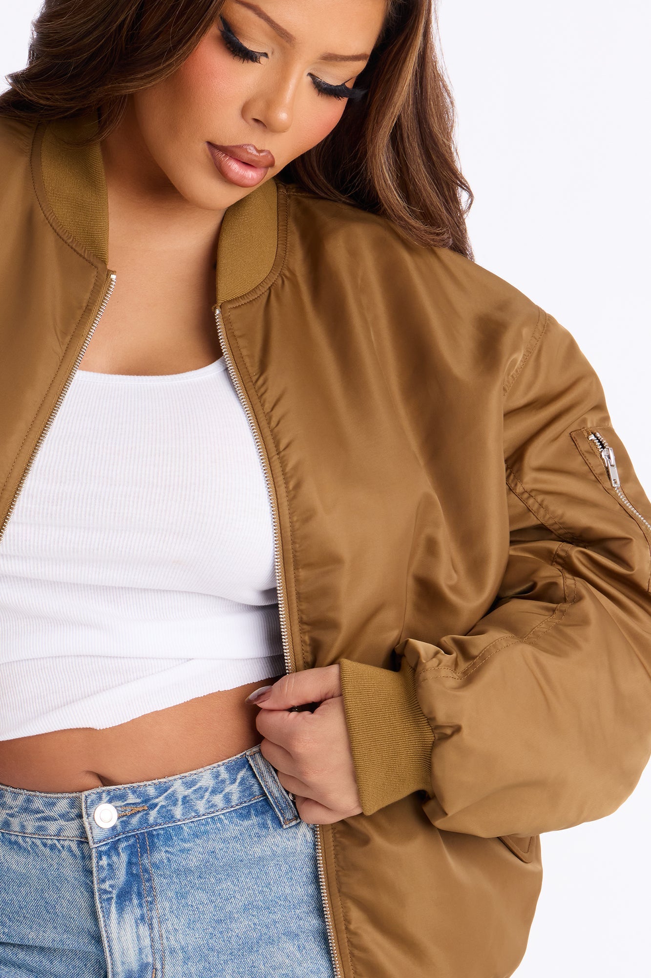 Bet On It Nylon Oversized Bomber Jacket - Olive