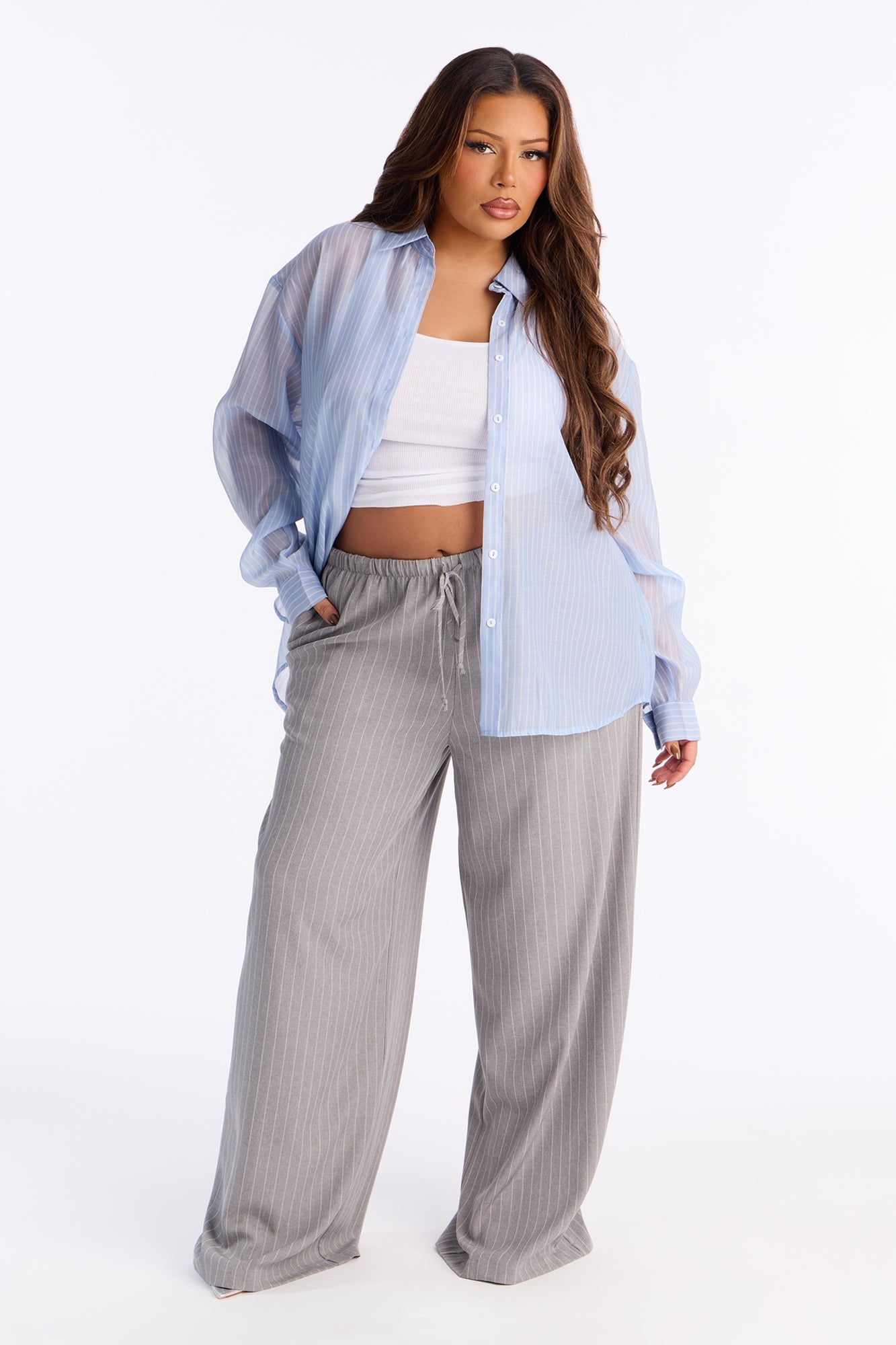 Mallory Pinstripe Easy Pull On Wide Leg Pant 33″ - Grey