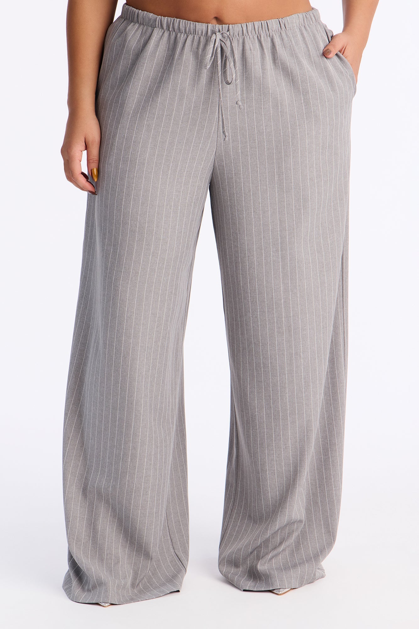Mallory Pinstripe Easy Pull On Wide Leg Pant 33″ - Grey