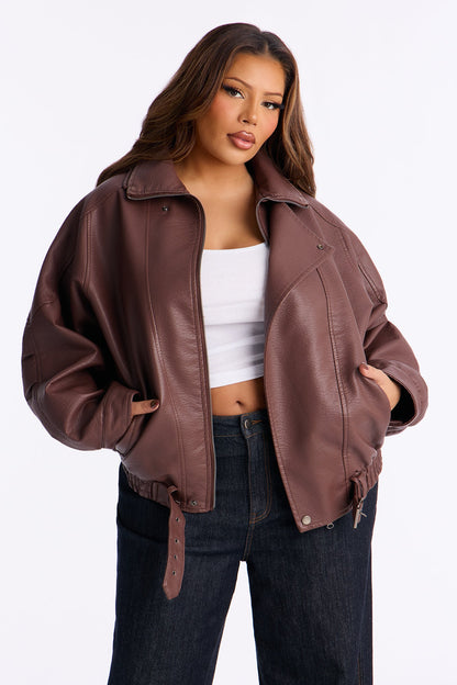 Harlem Faux Leather Moto Jacket - Brown