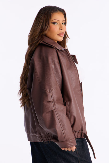 Harlem Faux Leather Moto Jacket - Brown