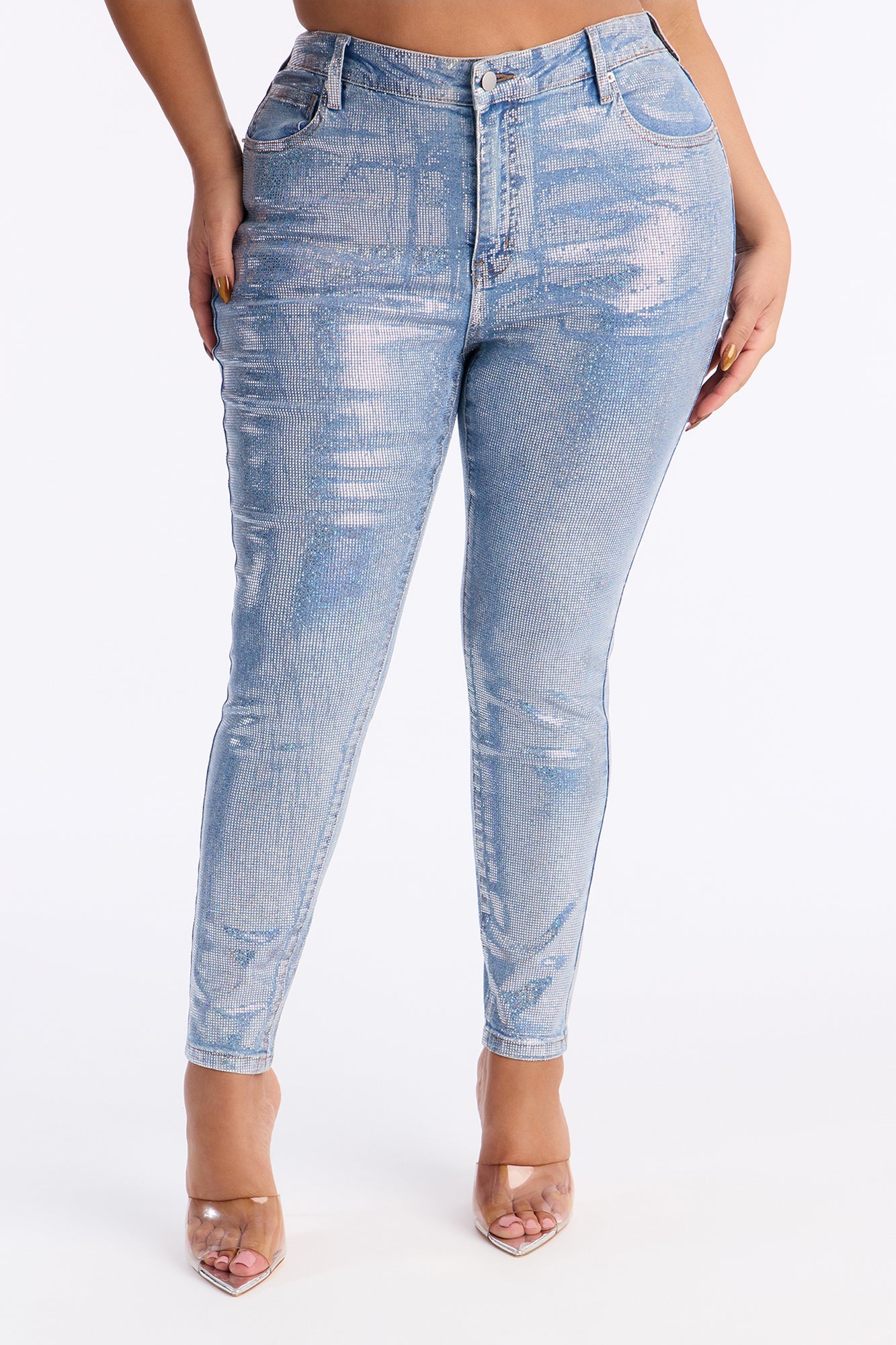 Elegante Foil Print Skinny Jeans - Light Wash