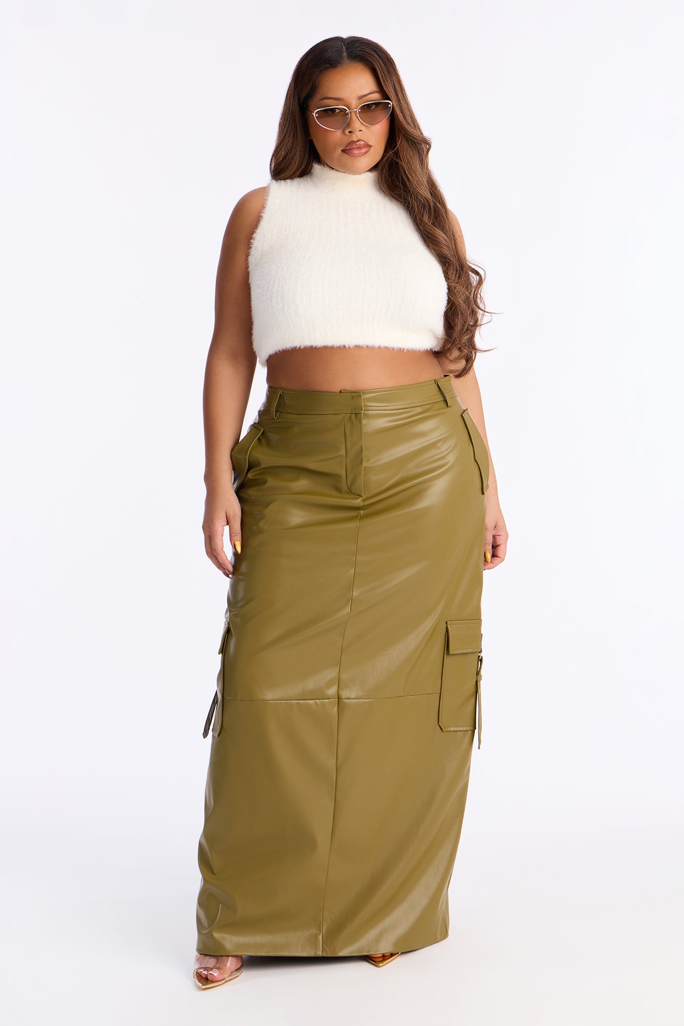 Catwalk Chic Faux Leather Cargo Maxi Skirt - Olive