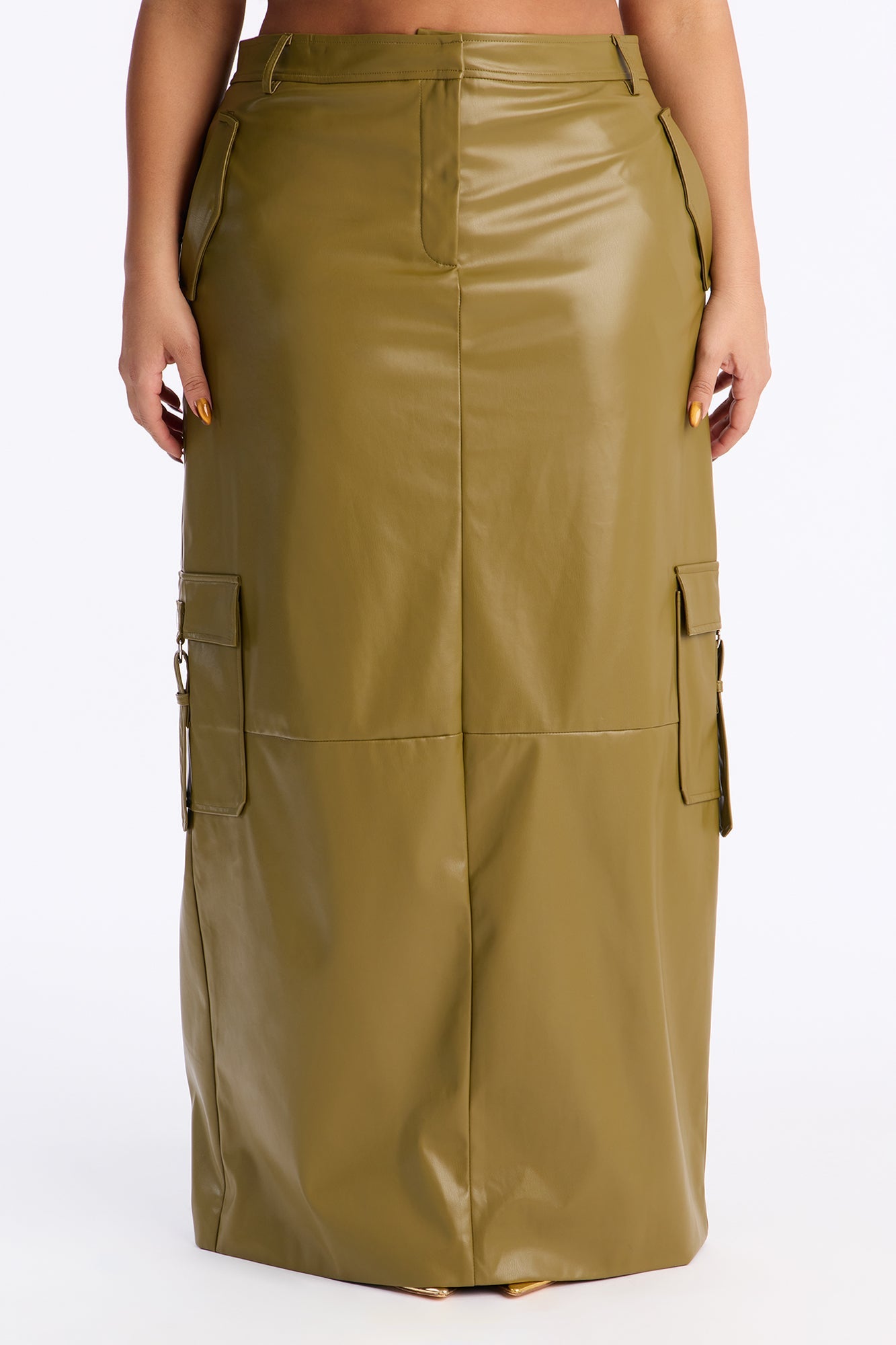 Catwalk Chic Faux Leather Cargo Maxi Skirt - Olive