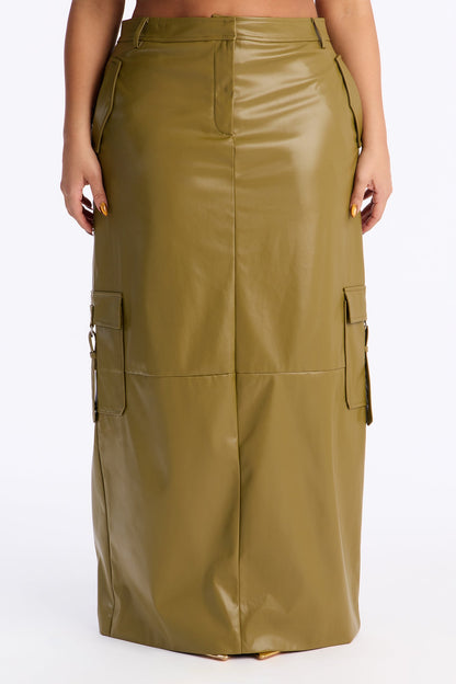 Catwalk Chic Faux Leather Cargo Maxi Skirt - Olive