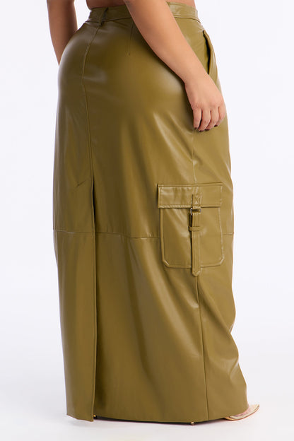 Catwalk Chic Faux Leather Cargo Maxi Skirt - Olive