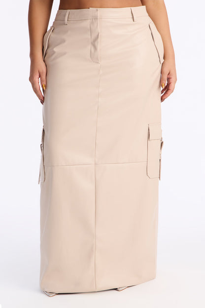 Catwalk Chic Faux Leather Cargo Maxi Skirt - Stone