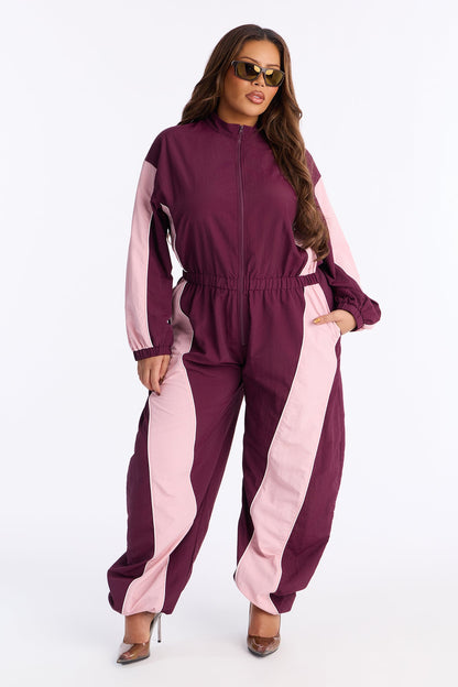Willow Windbreaker Contrast Trim Jumpsuit - Wine/combo