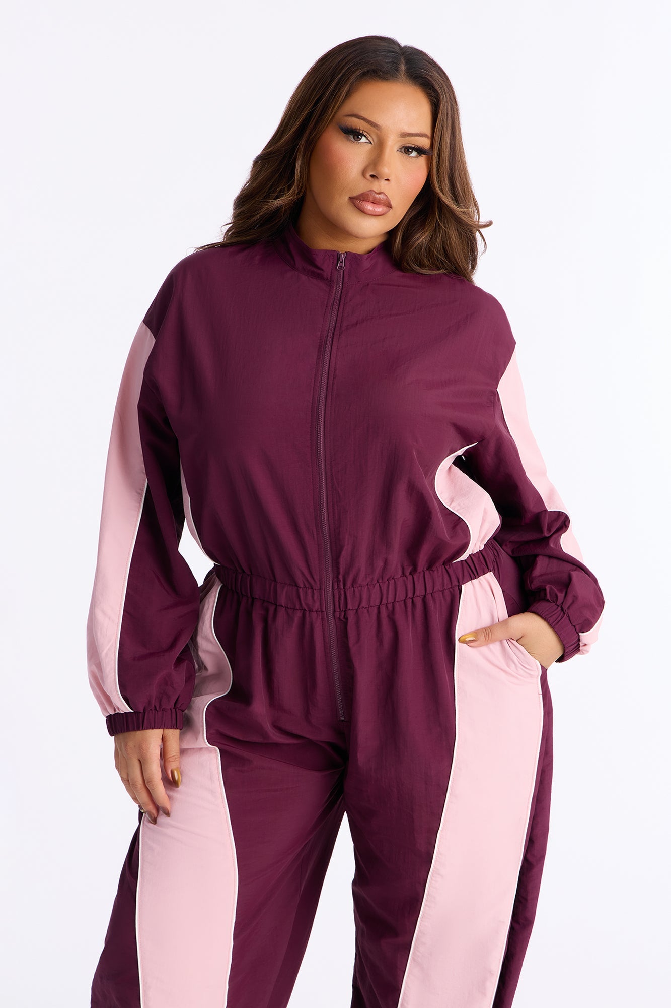 Willow Windbreaker Contrast Trim Jumpsuit - Wine/combo