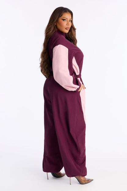 Willow Windbreaker Contrast Trim Jumpsuit - Wine/combo