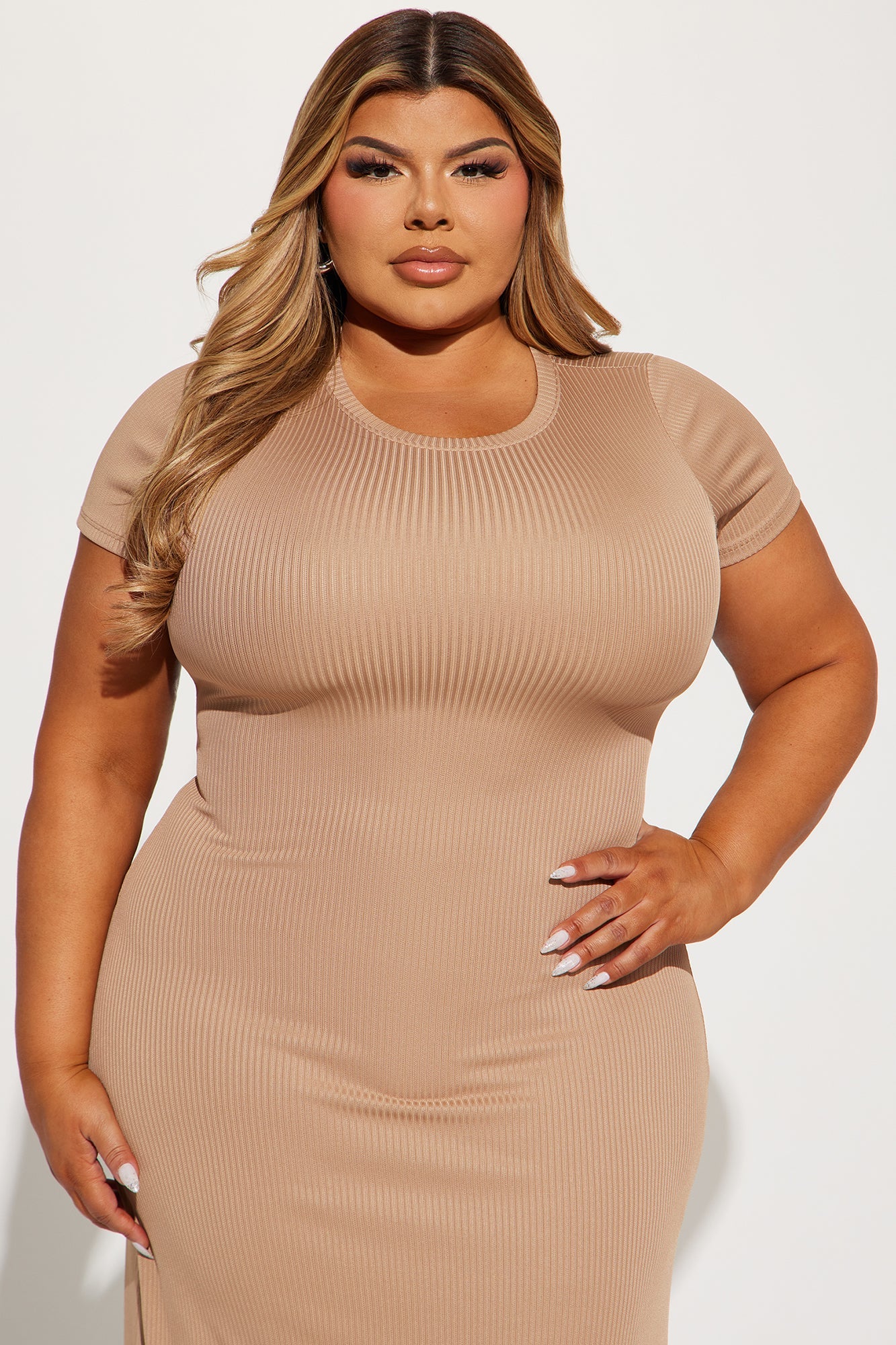 Madison Ribbed Midi Dress - Beige