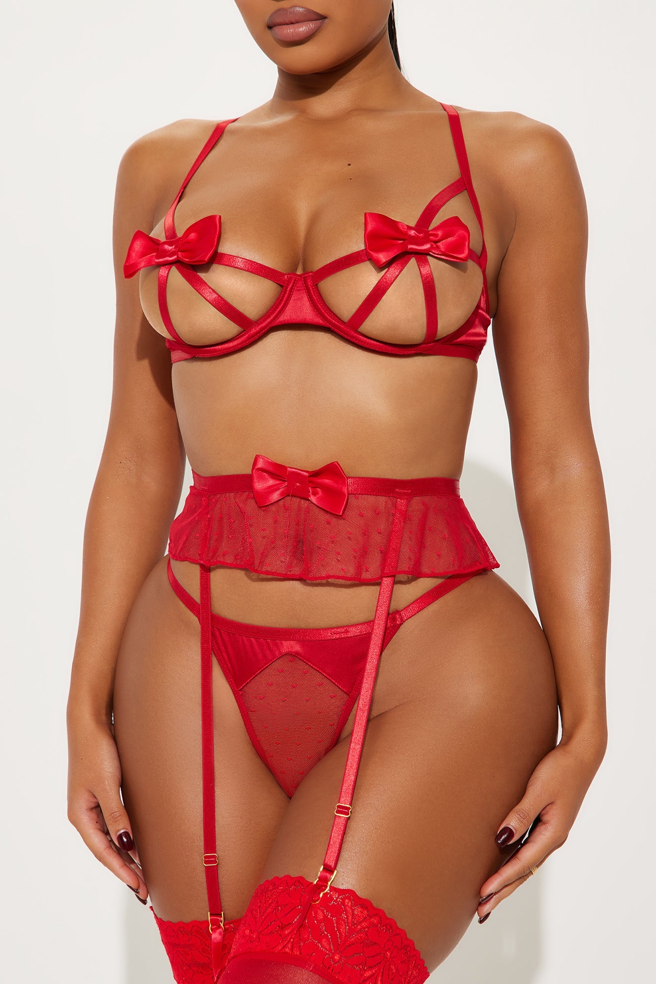 Charm You Tonight Bow Open Cup 3 Piece Garter Set - Red