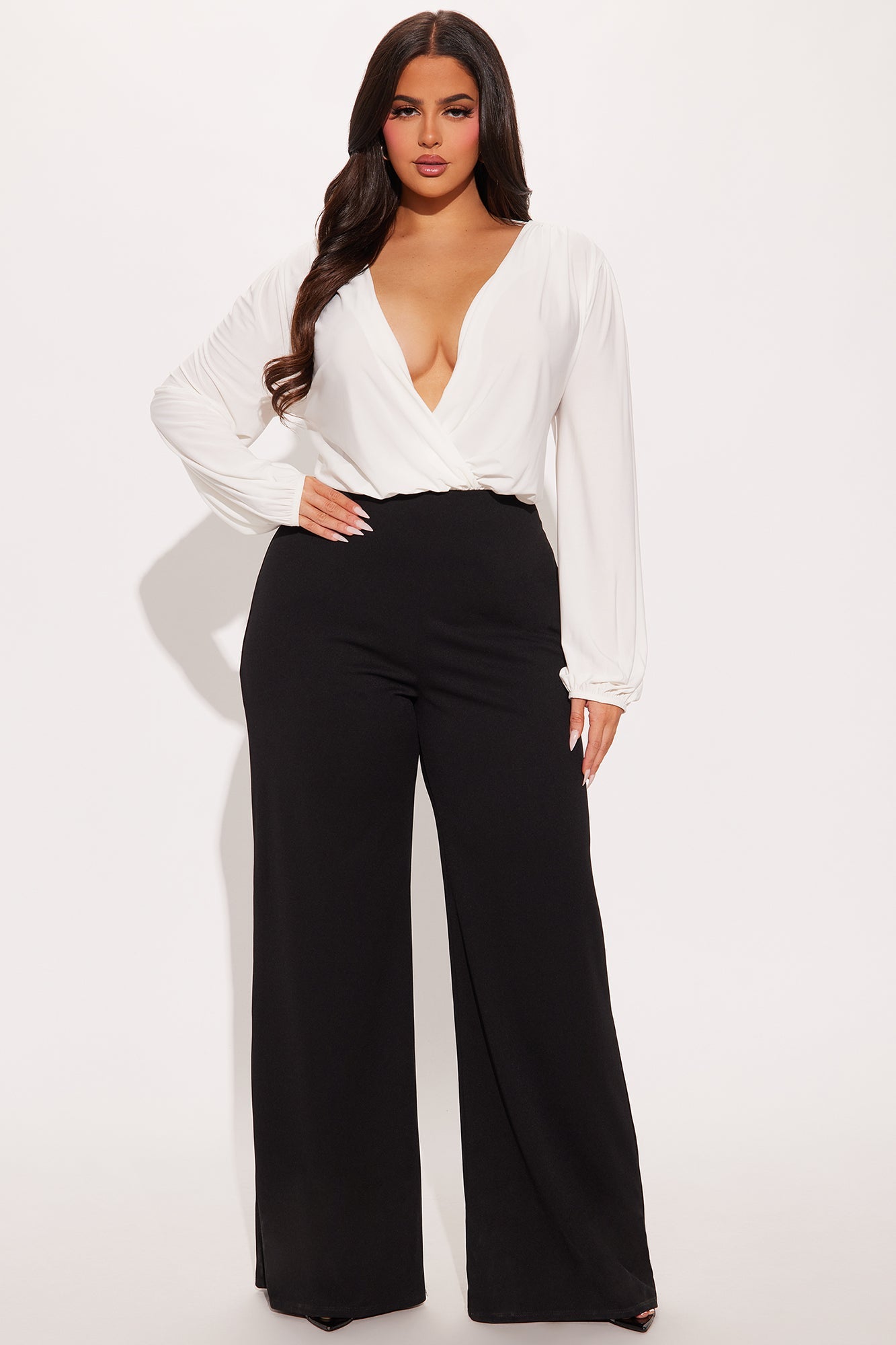 Maria Deep V Jumpsuit - White/Black