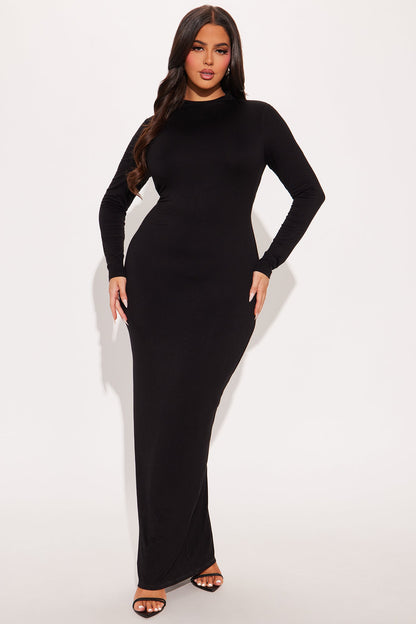 Smooth Double Lined Mock Neck Maxi Dress - Black