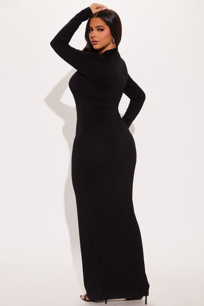 Smooth Double Lined Mock Neck Maxi Dress - Black
