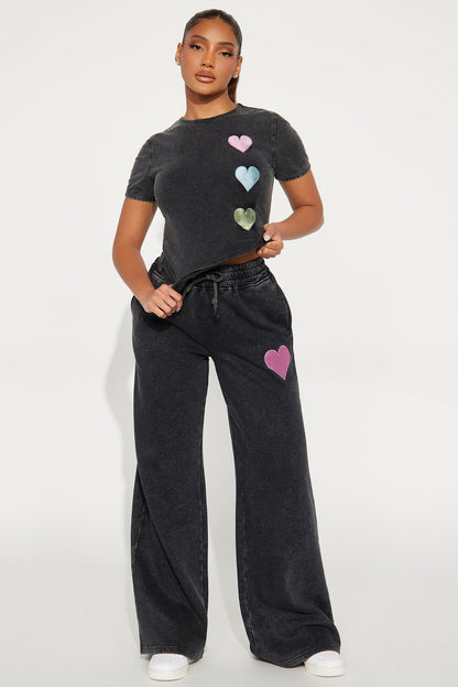 I Heart You Fleece Pant Set - Charcoal