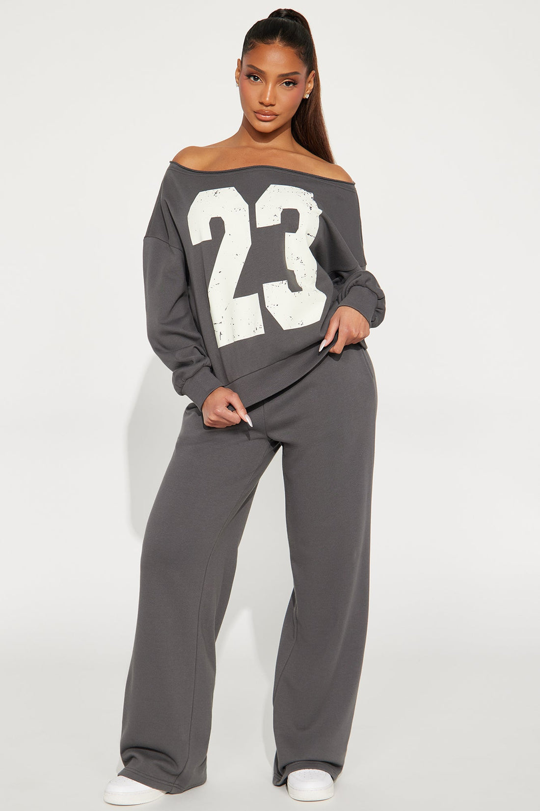 23 Off Shoulder Sweatsuit Set - Charcoal