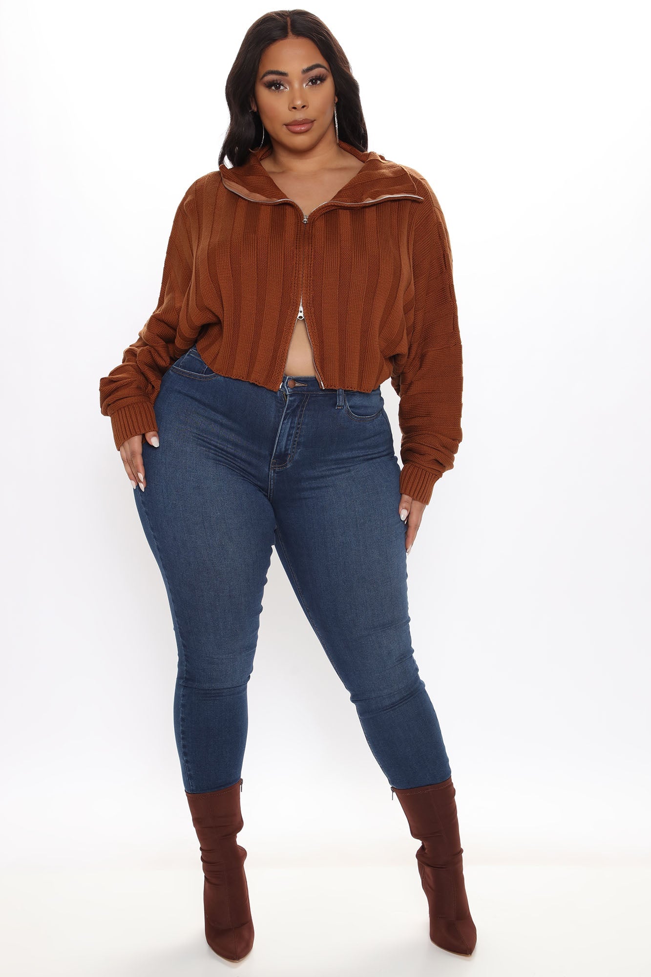 Cozy Girl Zip Front Cropped Cardigan Sweater - Chestnut