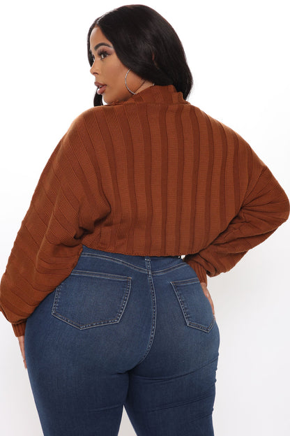 Cozy Girl Zip Front Cropped Cardigan Sweater - Chestnut