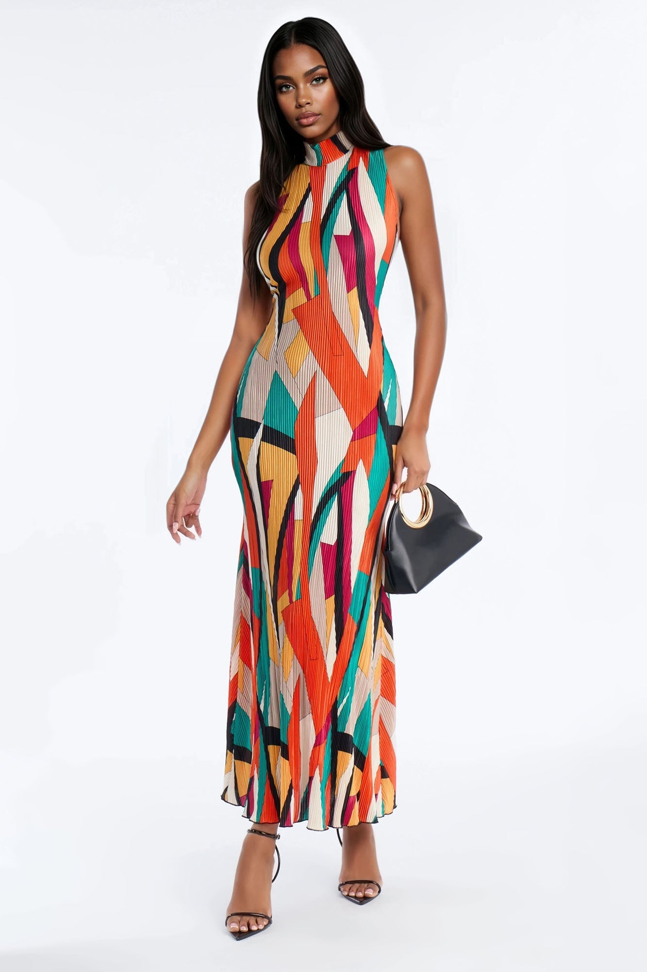 Isa Plisse Mock Neck Maxi Dress - Multi Color