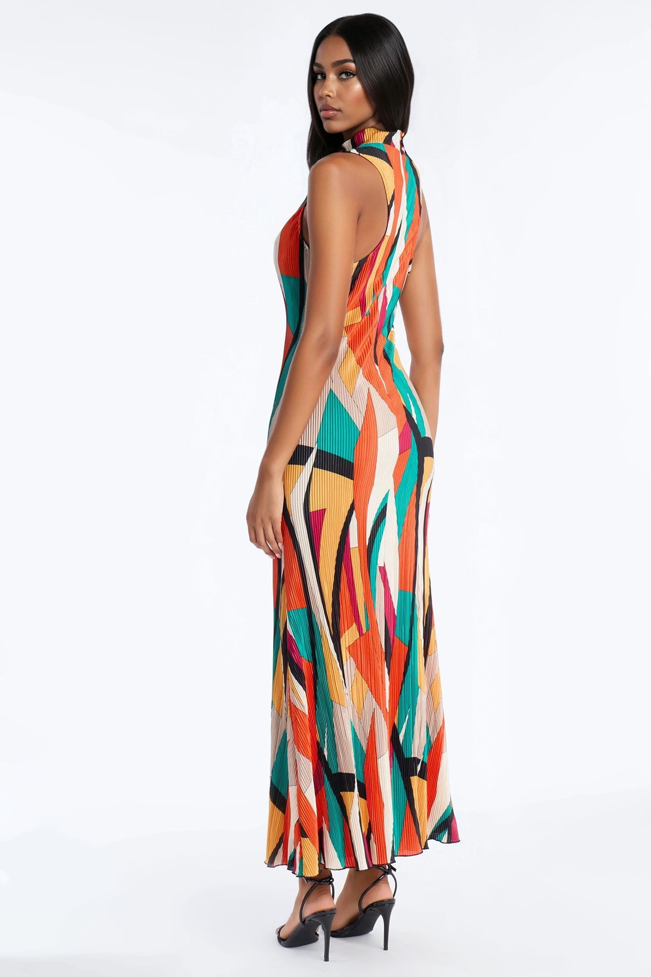 Isa Plisse Mock Neck Maxi Dress - Multi Color