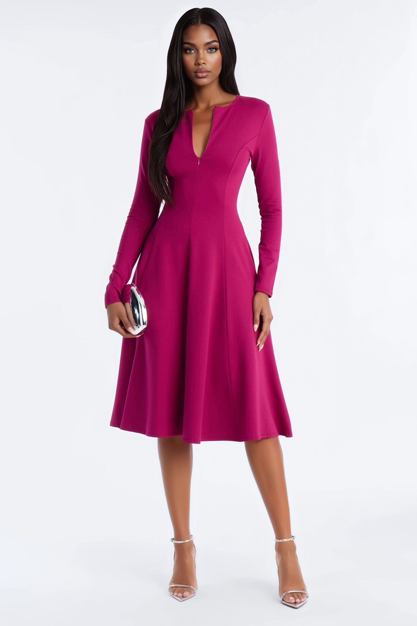 Elliana Zip Pleated Midi Dress - Magenta