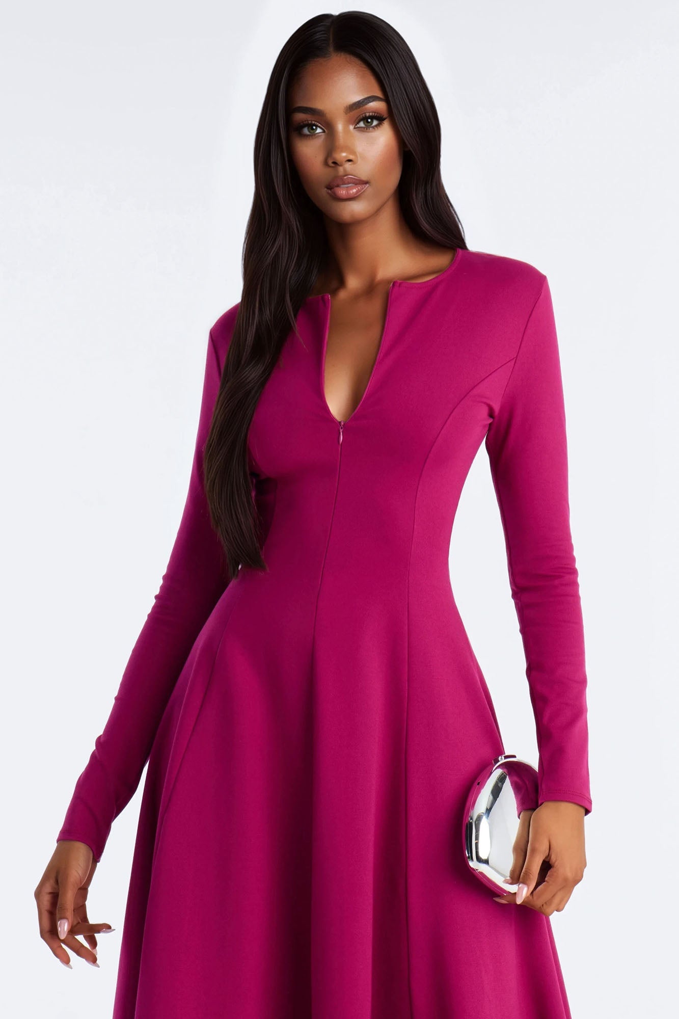 Elliana Zip Pleated Midi Dress - Magenta