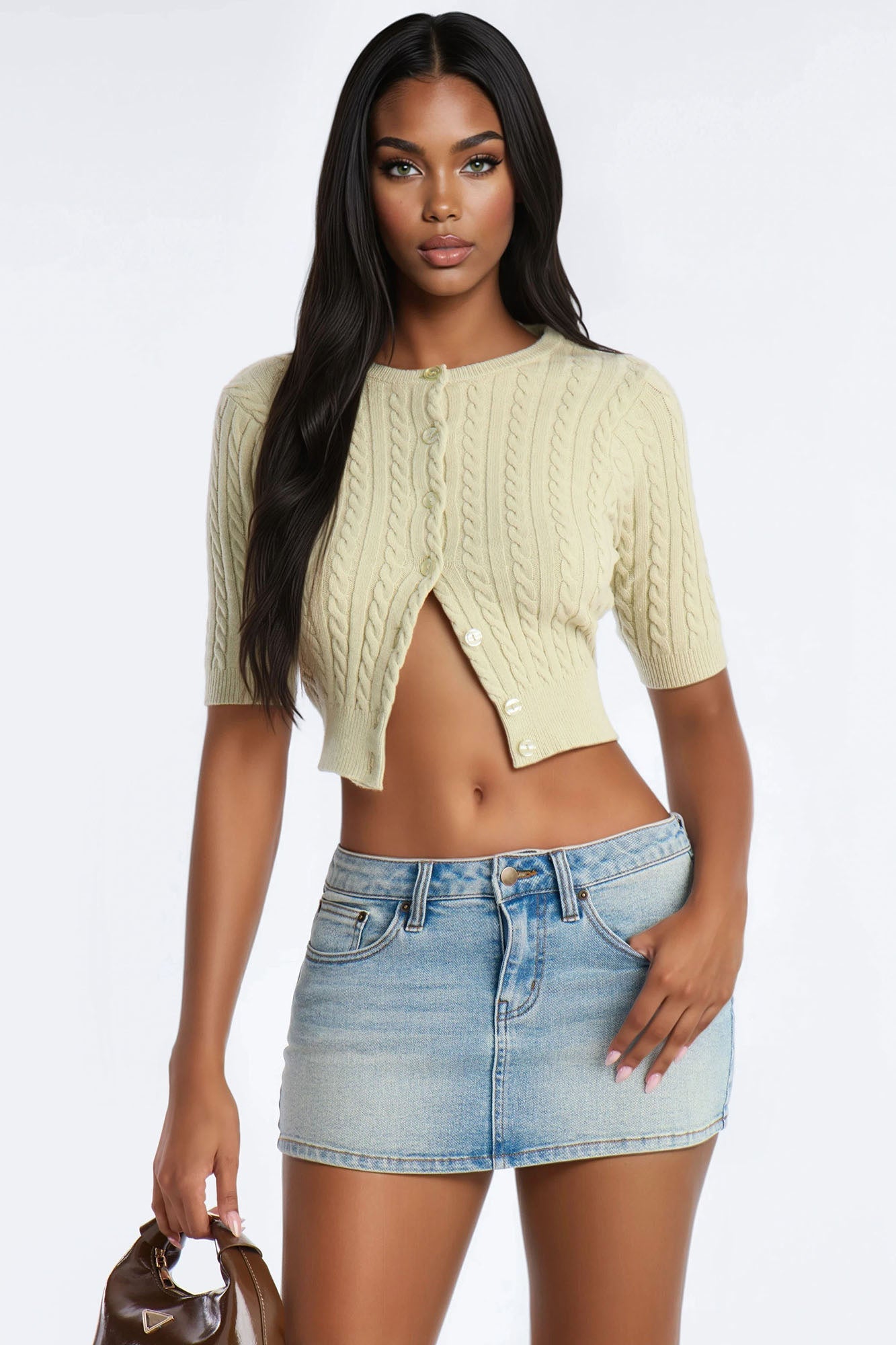 Elowen Short Sleeve Cable Knit Cardigan - Sage